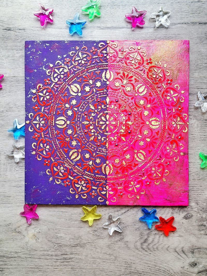 宇宙の調和の曼荼羅の住居合板の瞑想にヴェーダの絵を織り目加工 - ウォールデコ・壁紙 - 木製 ピンク