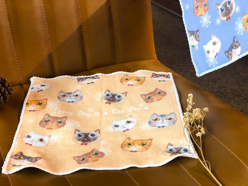 [Lucky Bag] Everyday Cat Day (orange) / 100% cotton exquisite small square handkerchief* full of cats!! - Handkerchiefs & Pocket Squares - Cotton & Hemp Orange