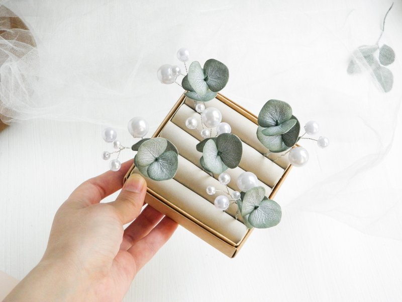 Wedding headpiece Floral hair pins Eucalyptus pearl hair pins Bridal hair piece - 髮圈/髮夾 - 植物．花 綠色