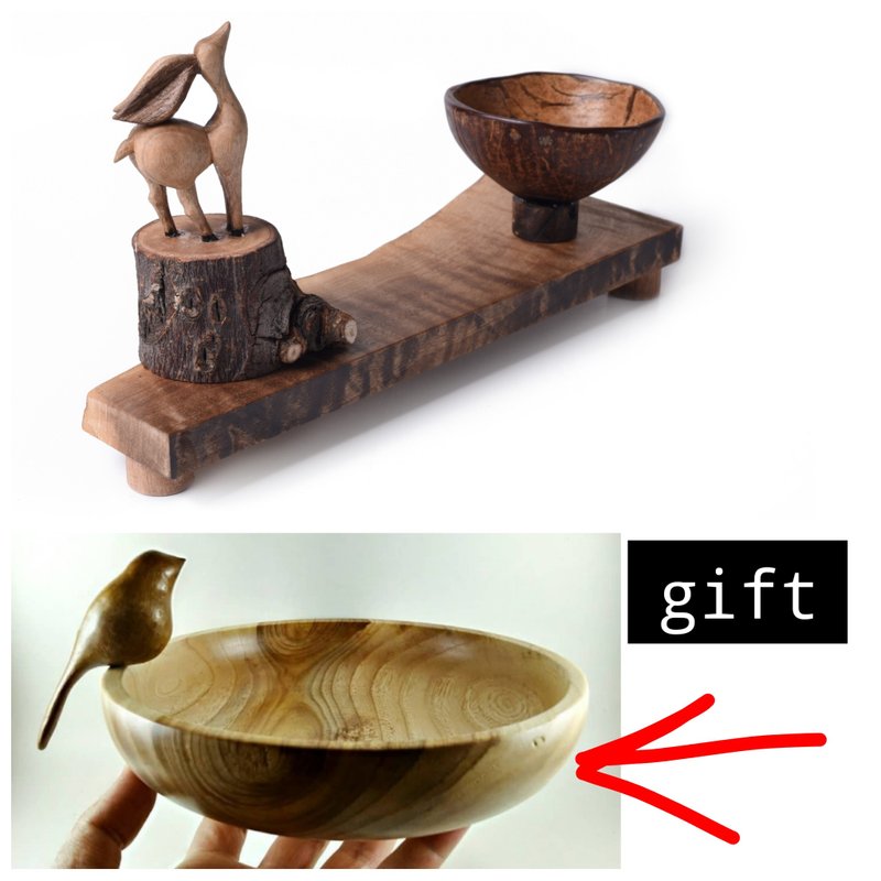 Wooden handcarved gazelle with 2 bowls. 1. bowl is coconut. 2. Bowl is ceramic. - Bowls - Wood 