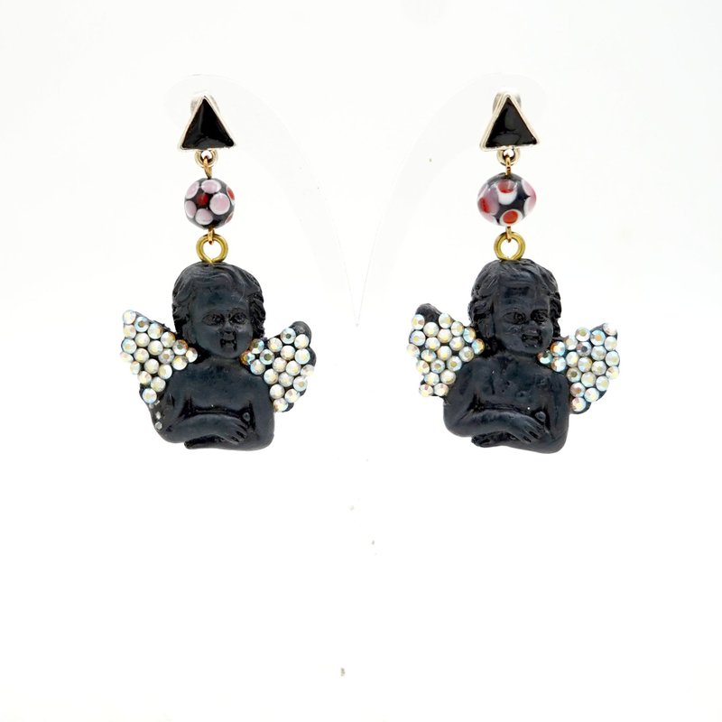 【邱比特系列】TIMBEE LO黑色手工製巴洛克天使耳環 - 耳環/耳夾 - 其他材質 黑色