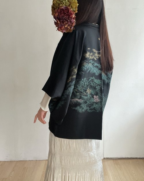 REreburn 日本製和風山水畫印花黑色薄款古著羽織和服外套