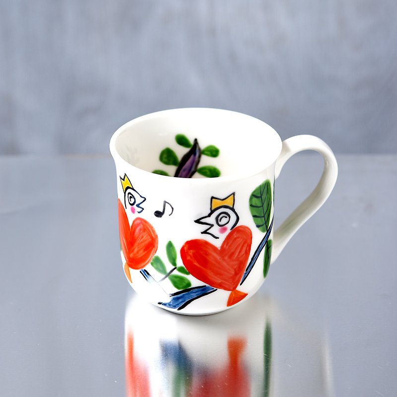 Red heart bird mug talking on the treetop - Mugs - Porcelain Red