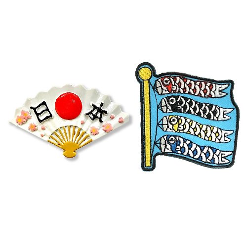 A-ONE 日本扇子辦公磁鐵+日本 Q版 鯉魚旗刺繡裝飾貼【2件組】吸鐵紀念