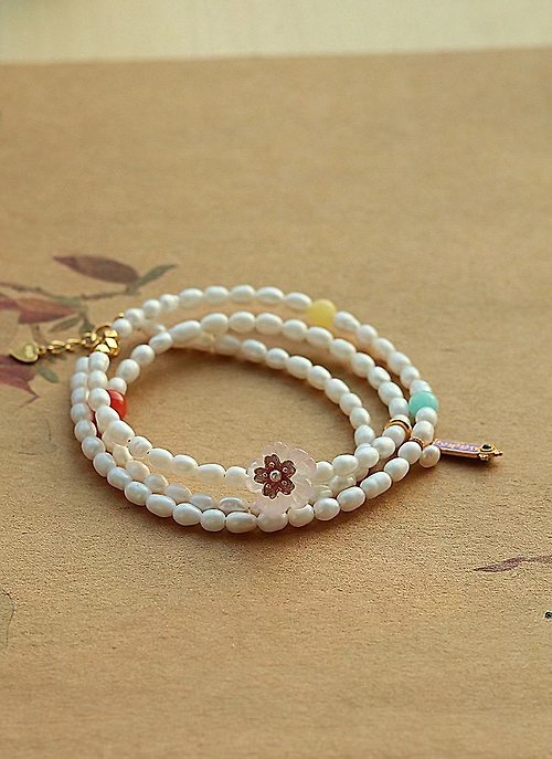 Sri Yantra 天然珍珠搭配粉晶櫻花甜美可愛風項鏈手鏈兩用款
