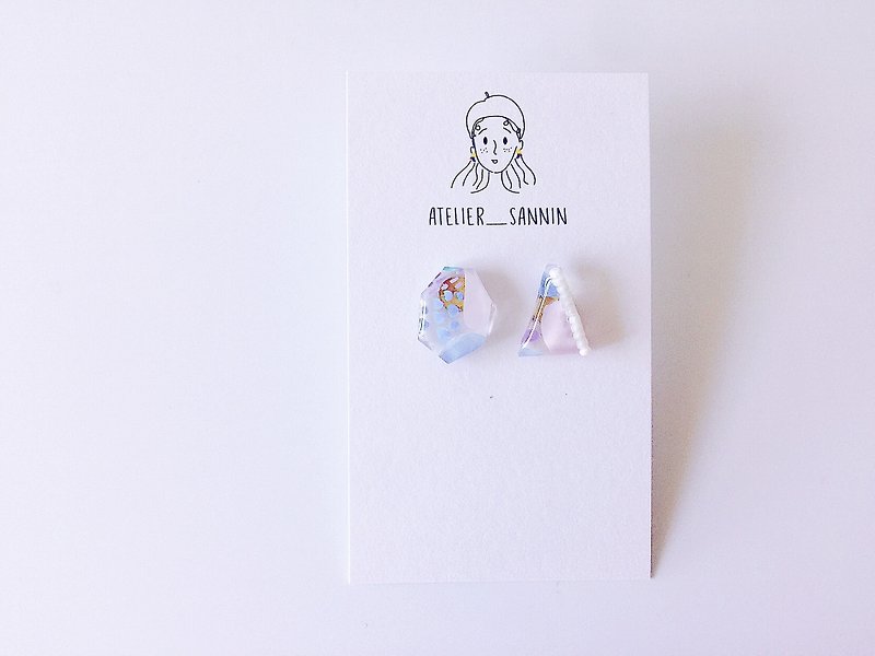Pastel music box series -over the rainbow hand-painted ear ear needle / ear clip - Earrings & Clip-ons - Other Materials Blue