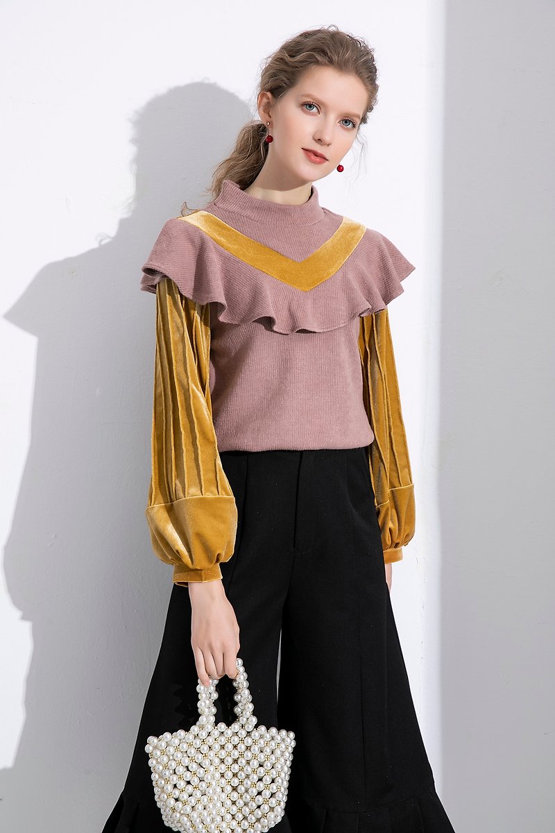 Half-high collar patchwork velvet and lotus leaf collar top/pink/unlined/micro elastic - เสื้อผู้หญิง - เส้นใยสังเคราะห์ สึชมพู