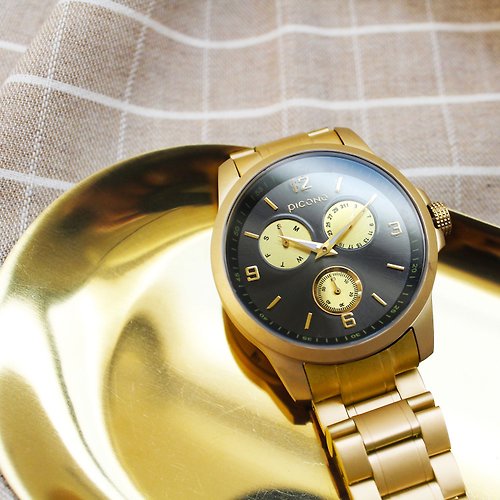 PICONO Watches Original 經典真三眼多功能系列不鏽鋼錶帶手錶 / OR-9702 霧面金