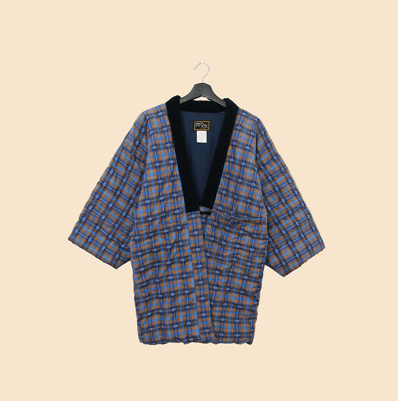 Back to Green-Japan brings back Huotian warm jacket with homemade straps blue plaid/vintage - Loungewear & Sleepwear - Cotton & Hemp 