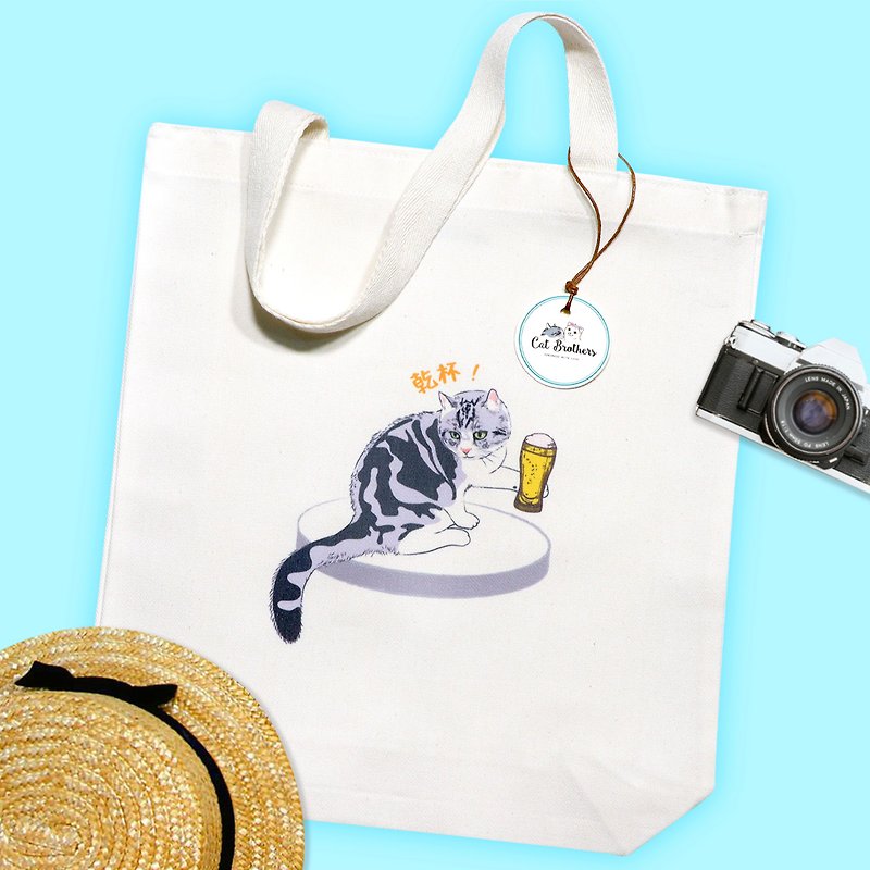 Cat drinking beer Tote Bag - Small size, Eco Bag, Cotton Bag, Cat tote bag - 手提包/手提袋 - 棉．麻 白色