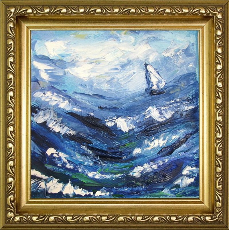 Original small size oil impasto painting Stormy seascape with boat home décor - 壁貼/牆壁裝飾 - 其他材質 多色