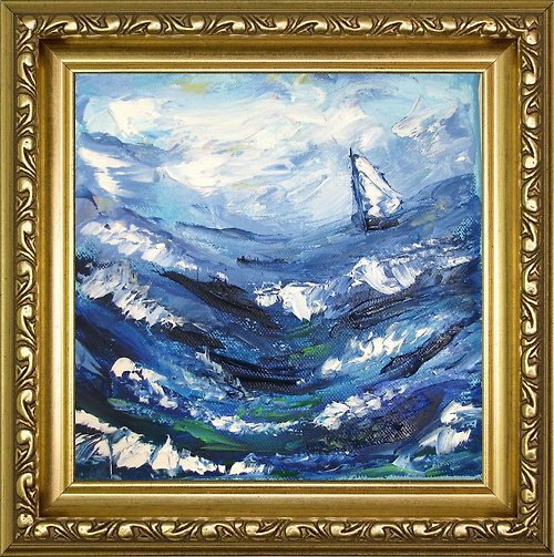 DCS-Art Original small size oil impasto painting Stormy seascape with boat home décor