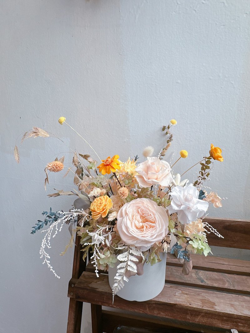 プリザーブドフラワーアレンジメント - ギフト、引っ越し祝い、開店祝い - ドライフラワー・ブーケ - 寄せ植え・花 オレンジ