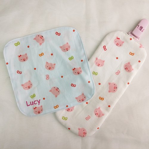 QQ rabbit 手工嬰幼兒精品 彌月禮盒 小豬寶-2色可選。雙面純棉手帕 / 手帕夾(可繡名字)