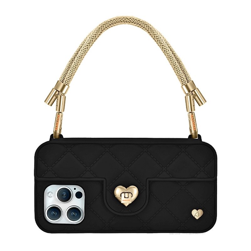 香港デザイン携帯電話バッグ-Sol [ゴールデンストラップ+ブラック財布ケース] - スマホケース - サステナブル素材 ブラック
