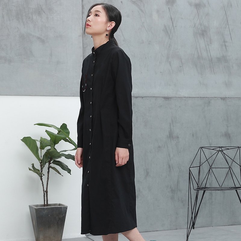 Annie Chen Women Autumn 2016 new wave of female long-sleeved shirt dresses long section of Korean Slim thin coat dress - ชุดเดรส - ผ้าฝ้าย/ผ้าลินิน สีดำ