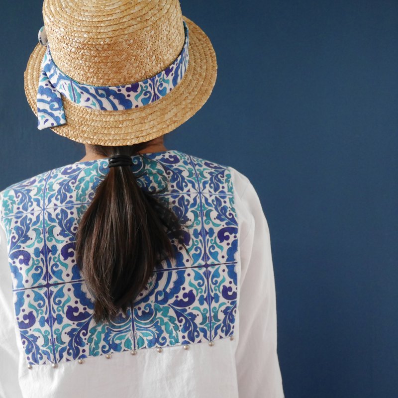 Woven straw hat with fabric hat band - 帽子 - 木頭 咖啡色