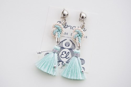 Cream &amp;amp; Light mint heart knotted rope with tassel earrings