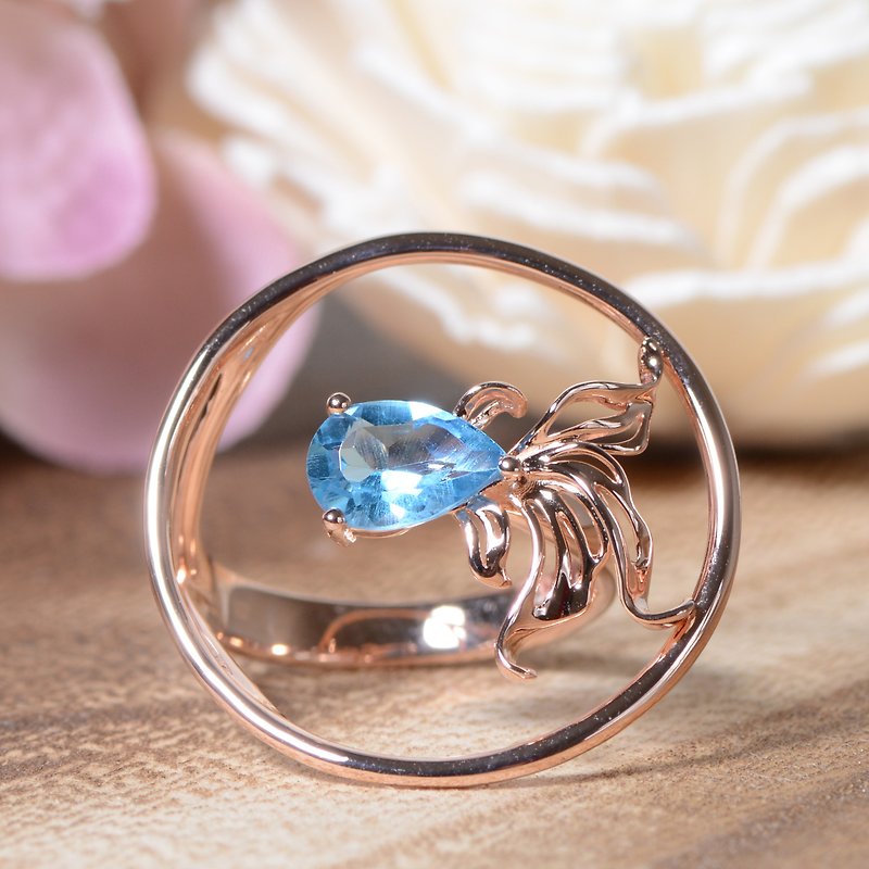 魚兒 - 瑞士藍拓帕石純銀電18K玫瑰金戒指 - 戒指 - 寶石 藍色