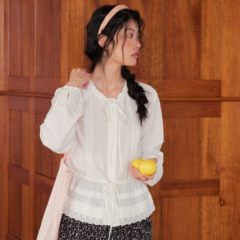 Fungus lace-up puff sleeve shirt|shirt|spring style|Sora-1446 - Women's Shirts - Cotton & Hemp White