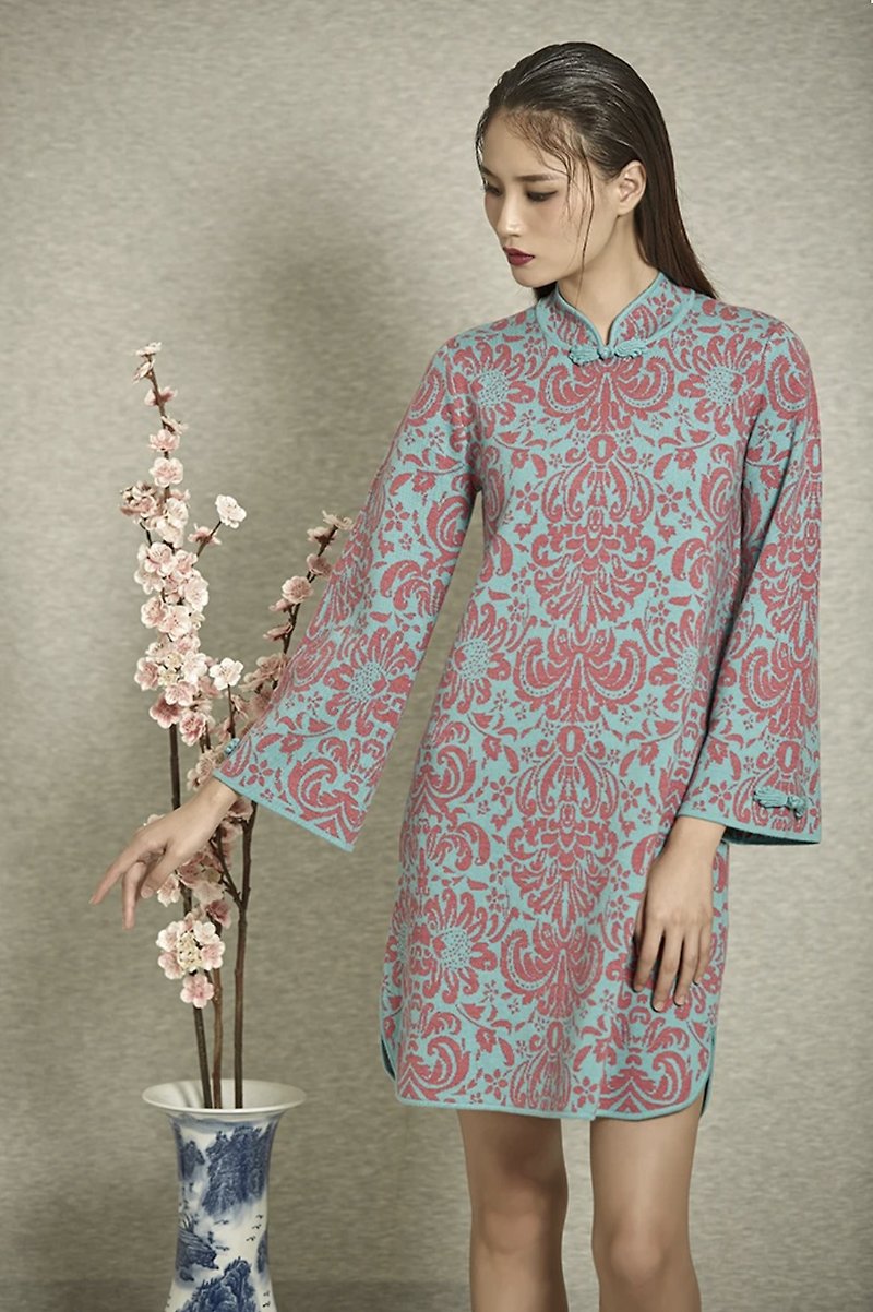 Yi-ming Fuchsia and Turquoise Signature Pattern Knit A-line Qipao - One Piece Dresses - Wool Purple