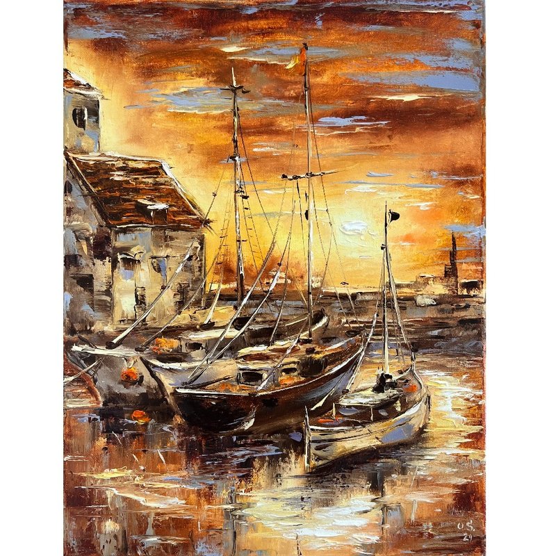 Sailboats Painting Seascape Art Original Painting 40x30 cm/ 16x12 inch - 海報/掛畫/掛布 - 棉．麻 多色