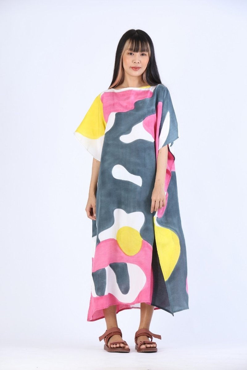 Hand Painted Cotton Silk Kaftan for Summer Resort Vacation - 洋裝/連身裙 - 聚酯纖維 粉紅色