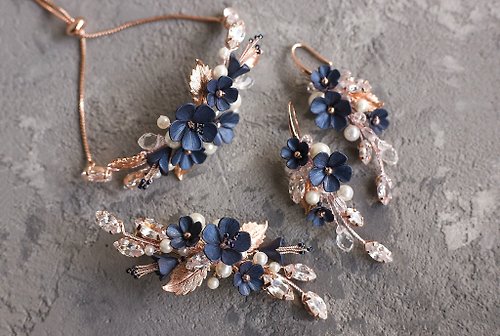 Kamael Shine Rose gold navy blue flower jewelry set, Wedding earrings, Bridal dark hair clip