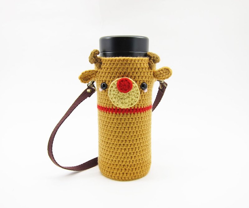 紅鼻麋鹿/保溫瓶套/聖誕節 - 飲料提袋/杯袋/杯套 - 其他人造纖維 咖啡色