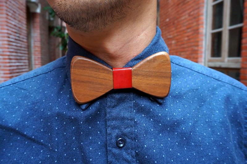 Natural log bow tie-walnut + red leather (gift/wedding/new couple/formal occasion) - Ties & Tie Clips - Wood Red