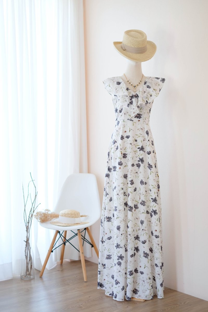 White floral dress Maxi ruffle floor length bridesmaid party Cocktail sundress - 禮服/小禮服 - 聚酯纖維 白色