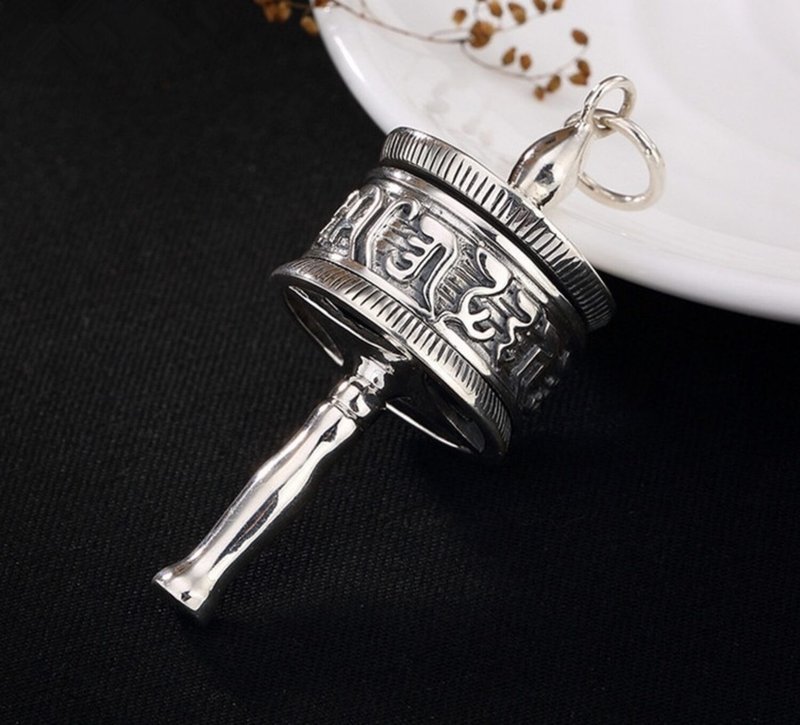 Real 925 Sterling Silver Unisex Tibetan Prayer Wheel Pendant without Chain - Long Necklaces - Sterling Silver Silver