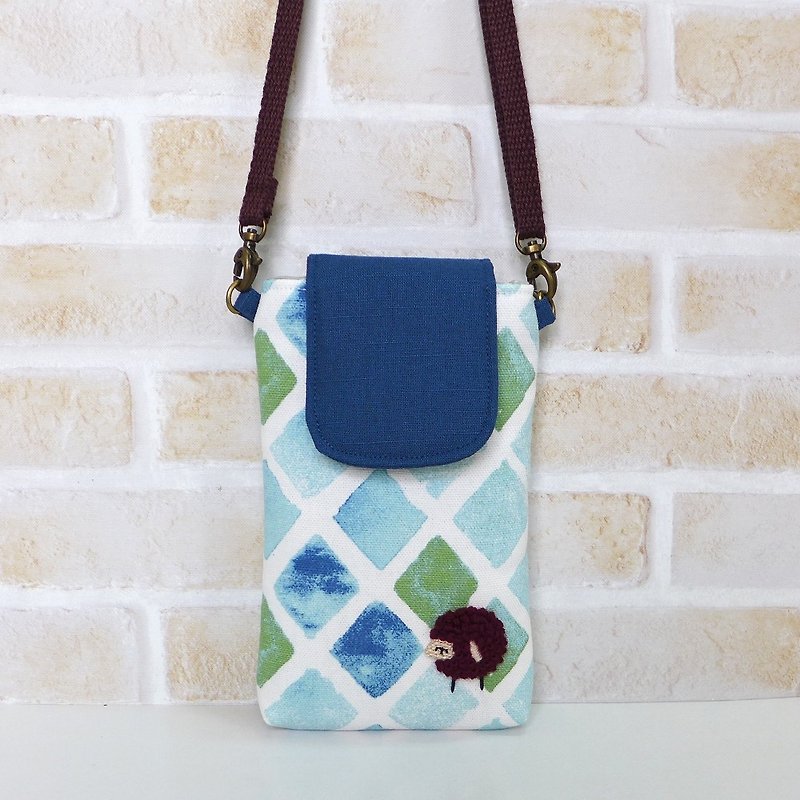 Embroidered sheep mobile phone bag - blue and green small compartment (with strap) - Phone Cases - Cotton & Hemp 
