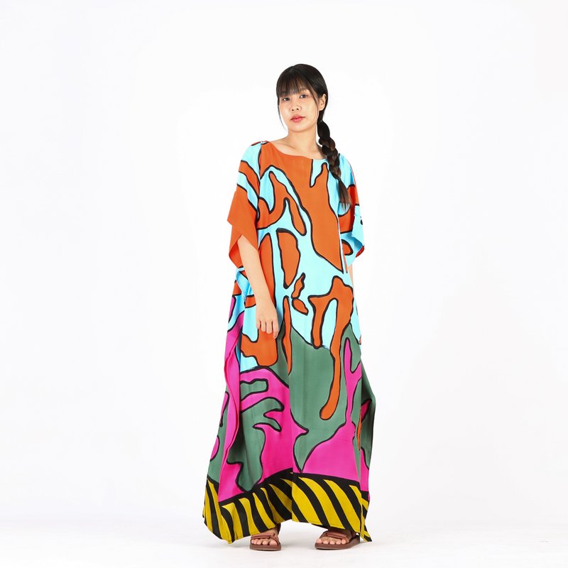 Hand Painted Cotton Silk Kaftan for Summer Resort Vacation - 洋裝/連身裙 - 棉．麻 多色
