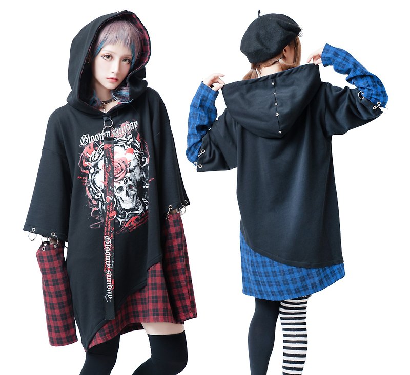 british punk emo gloomy sunday death scottish tartan sleevelet hoodie【JJ2239】 - เสื้อฮู้ด - ผ้าฝ้าย/ผ้าลินิน สีดำ