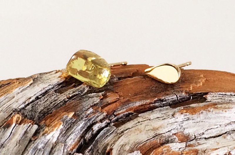 Amber + K14 stud earrings - ต่างหู - โลหะ สีทอง