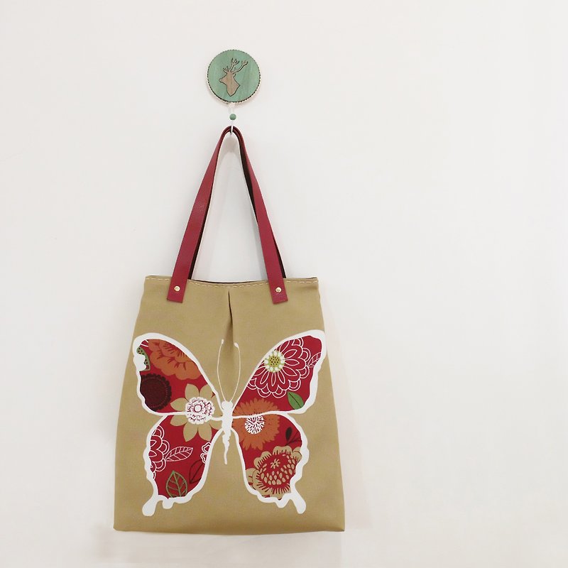 Butterfly lady discount side backpack leather to put the limit cloth card + red - กระเป๋าแมสเซนเจอร์ - ผ้าฝ้าย/ผ้าลินิน สีแดง