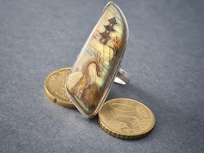 Dragon ring Labradorite ring Stone painting dragon Aaa large labradorite ring - 戒指 - 寶石 金色