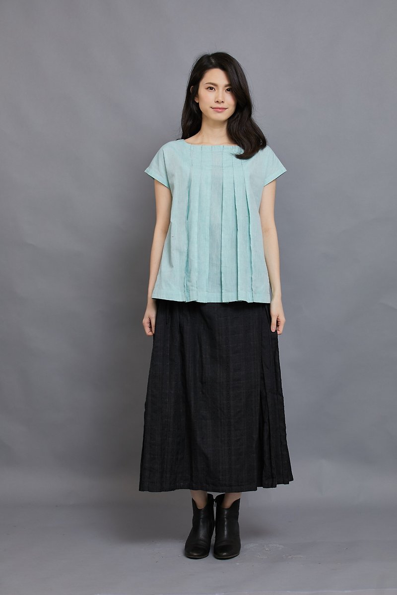 Pleated short sleeved top-mint-fair trade - Women's Tops - Cotton & Hemp Blue