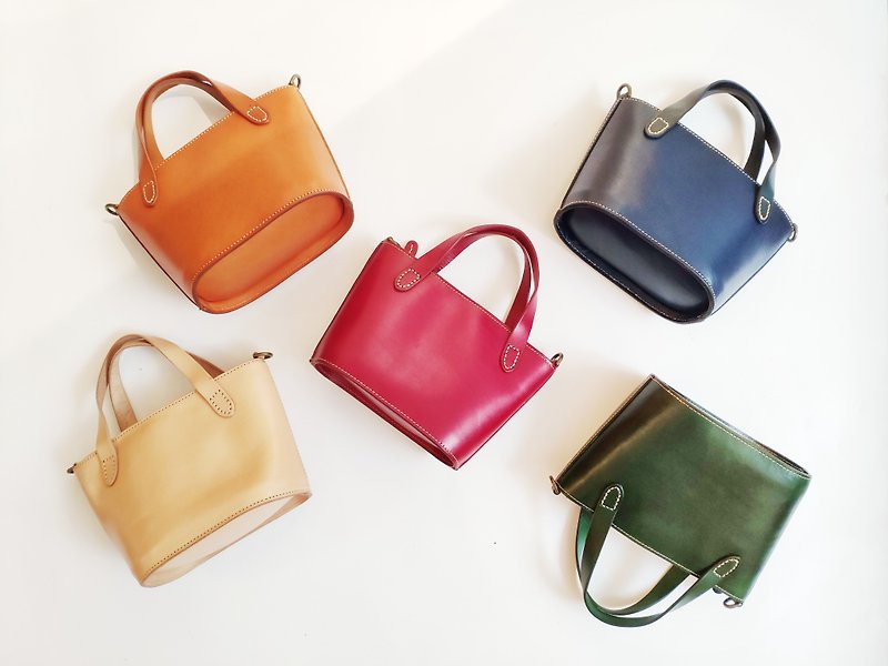 The new AMEET color series vegetable tanned leather shoulder diagonal portable vegetable basket bag tote bag 5 colors - กระเป๋าแมสเซนเจอร์ - หนังแท้ หลากหลายสี