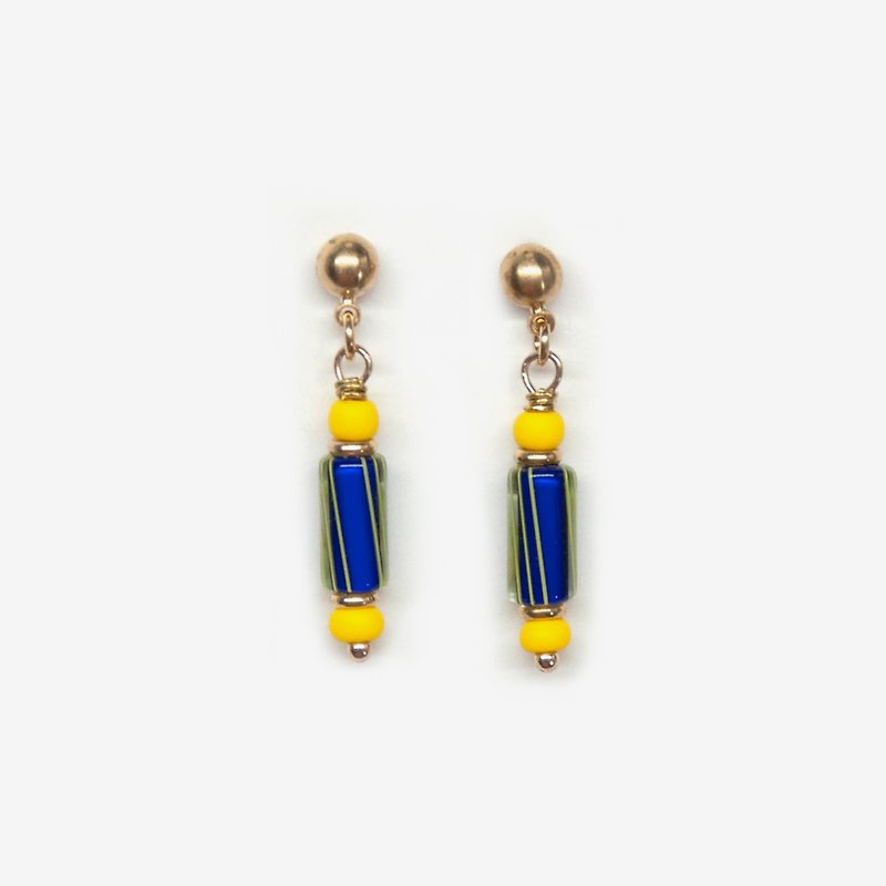 Vintage Barber Pole Earrings - Yellow & Royal Blue - ต่างหู - โลหะ สีน้ำเงิน