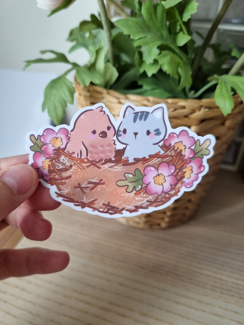 Sticker with a cat and baby bird in a bird's nest - Stickers - Plastic Multicolor