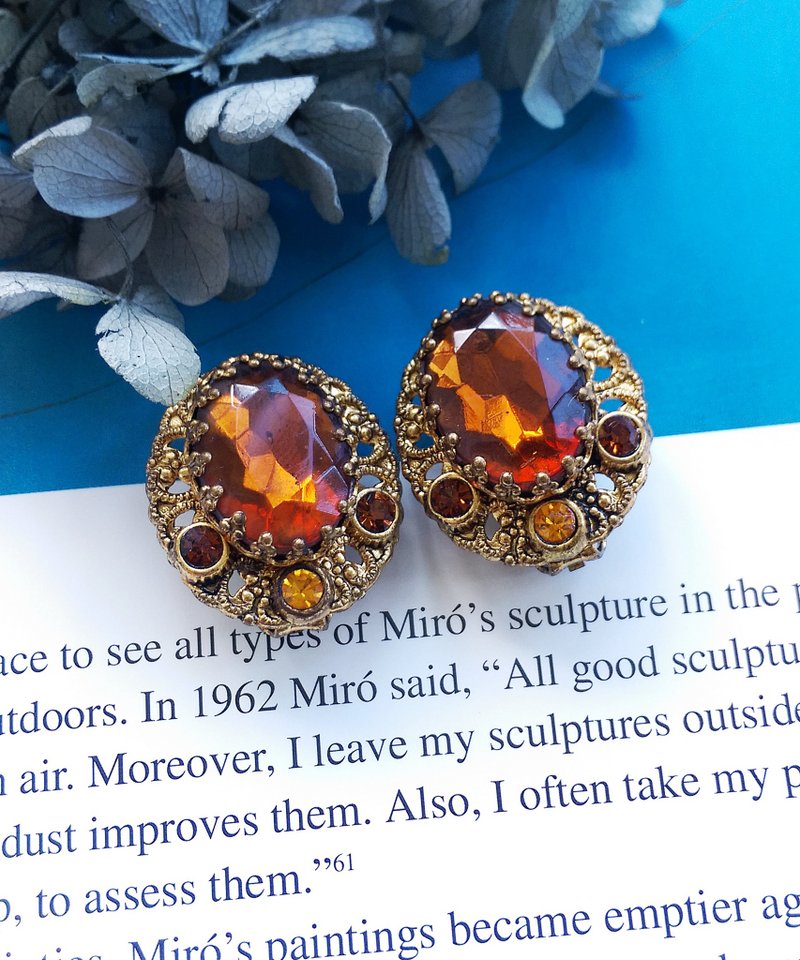 Vintage Jewelry 西洋古董飾品 西德製 琥珀色調 經典 夾式耳環 - ต่างหู - โลหะ สีทอง