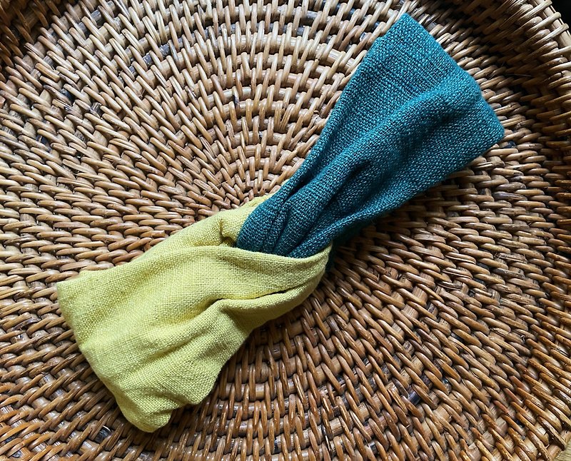 Contrast color cross headband/plant-dyed hand-woven fabric/hand-twisted thread/wide headband/yellow/green - Headbands - Cotton & Hemp Yellow