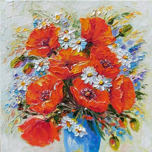 NataSavaArt Poppies and Daisies Oil Painting Wild Flowers Original Art Flower Bouquet Artwor