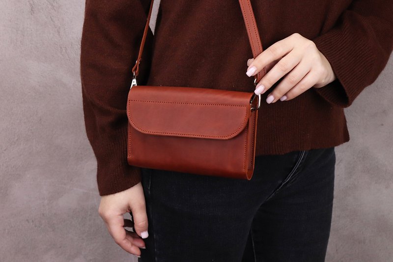 Leather Brown Mini Bag for Women/ Handmade Crossbody iPhone Bag/ Shoulder Wallet - 側背包/斜孭袋 - 真皮 咖啡色