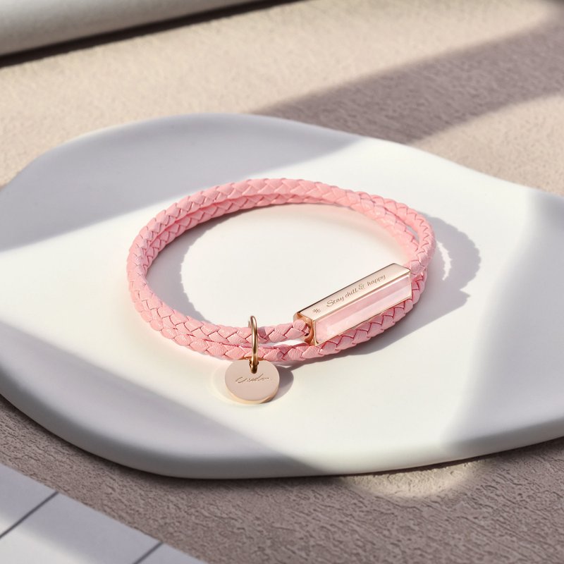 Ricordi Italian Leather Wrap Gemstone Bracelet  - Blossom Pink - Rose Quartz - สร้อยข้อมือ - หนังแท้ สึชมพู