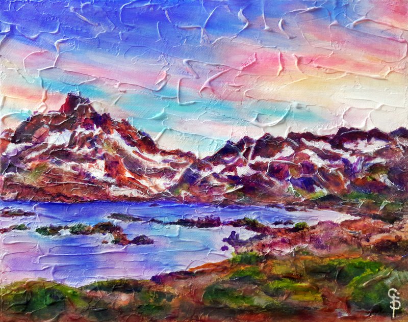 Original Painting Landscape on Canvas Panel Sunset Thousand Island Lake Mountain - ตกแต่งผนัง - วัสดุอื่นๆ หลากหลายสี