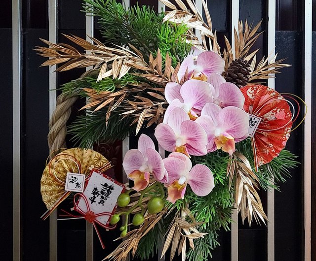 ダリア×ピンポンマムの瓢箪型お正月しめ縄飾り//かがり火 お正月早割 200円