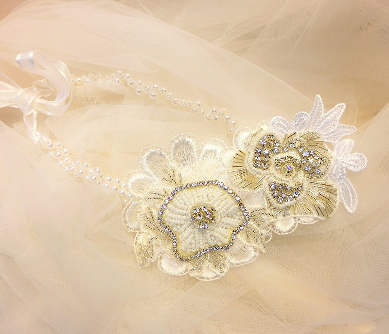 古典優雅水鑽蕾絲 珍珠髮帶頭環-小滿鑽 - 髮夾/髮飾 - 繡線 
